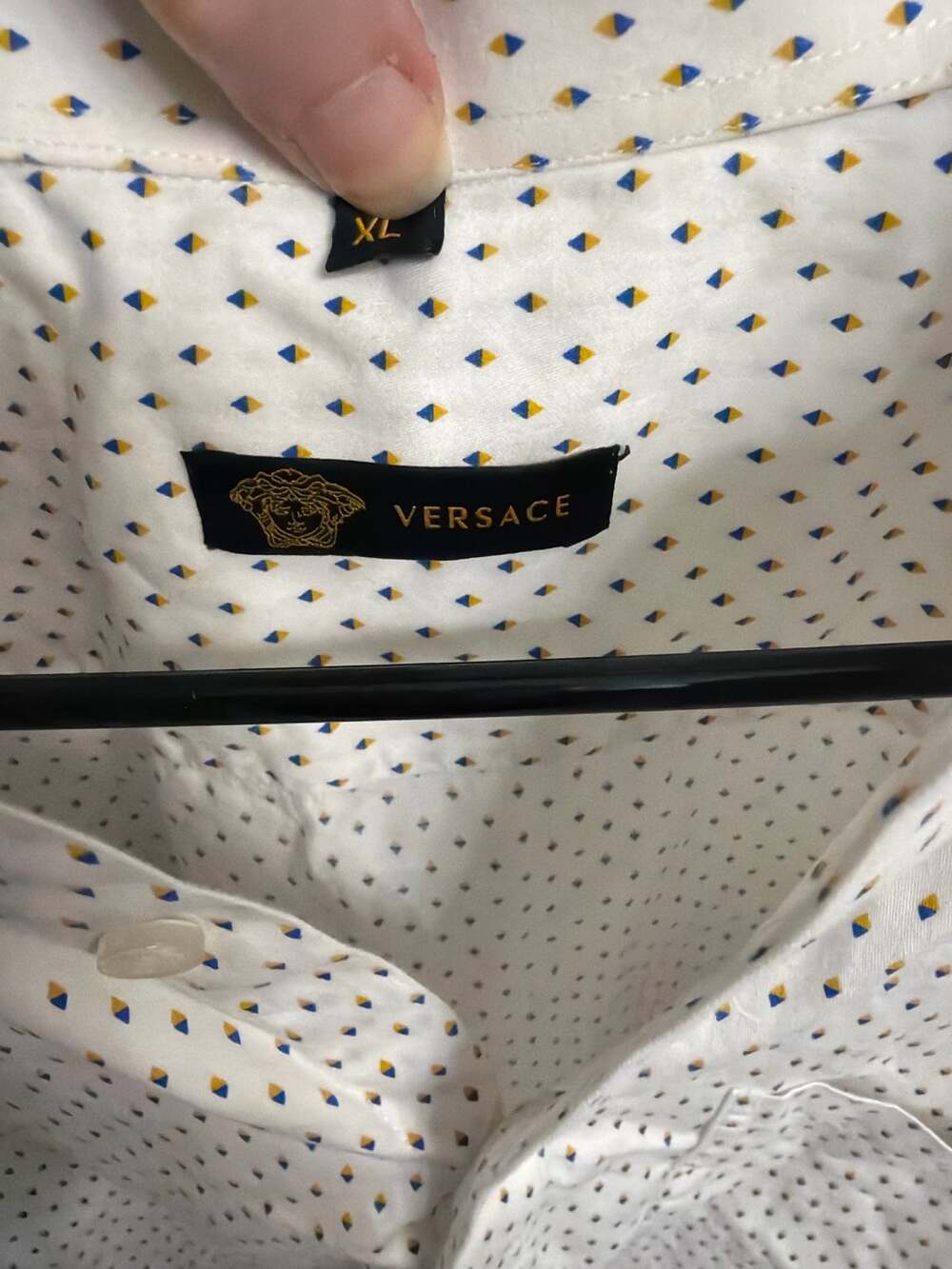 Versace Men’s XL White Blue Gold Geometric Print Cotton Button Down Shirt